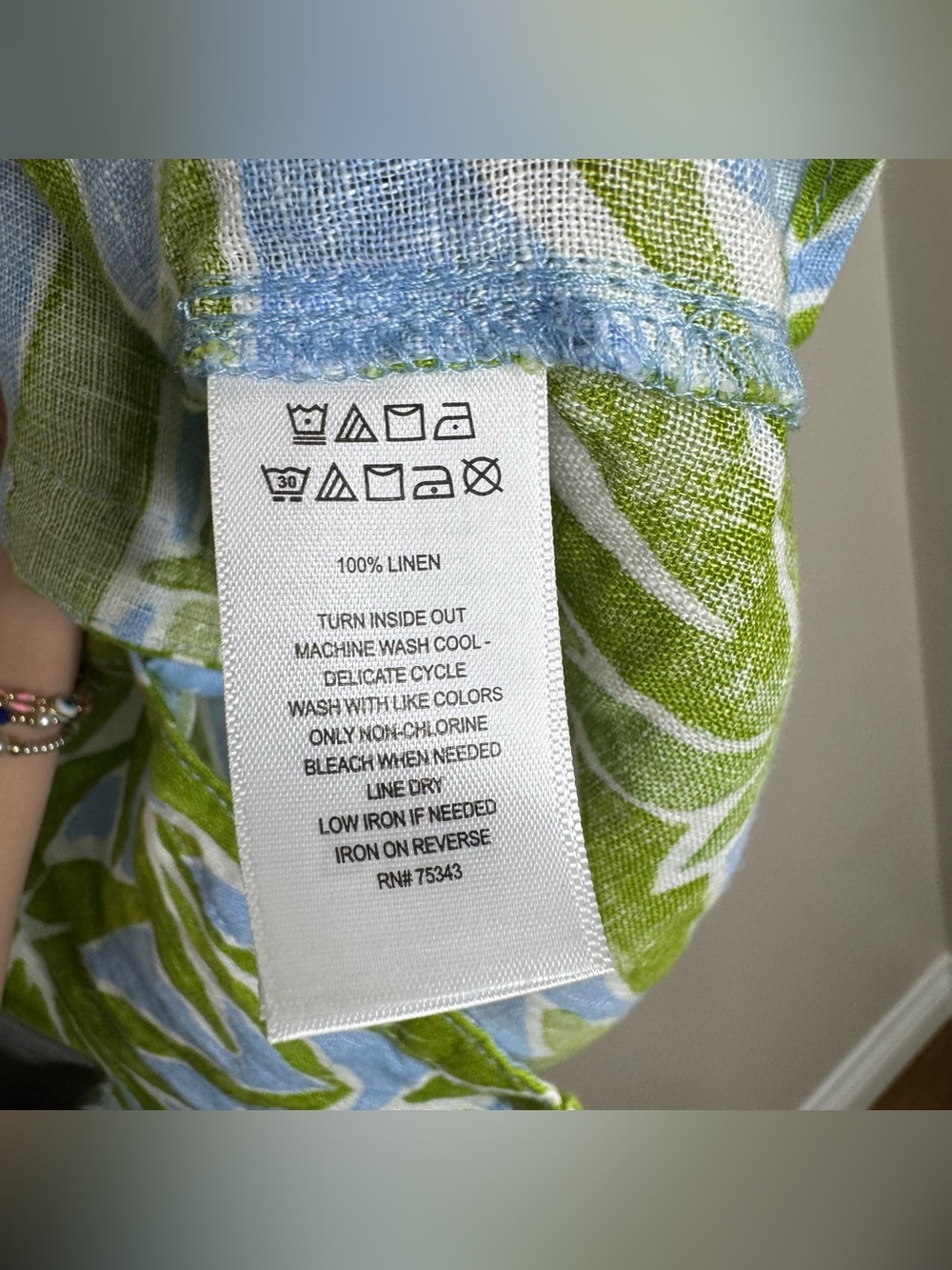 Sigrid Olsen 100% Linen Green Blue Tropical Oversized Button Up Shirt Large - Picture 4 of 6